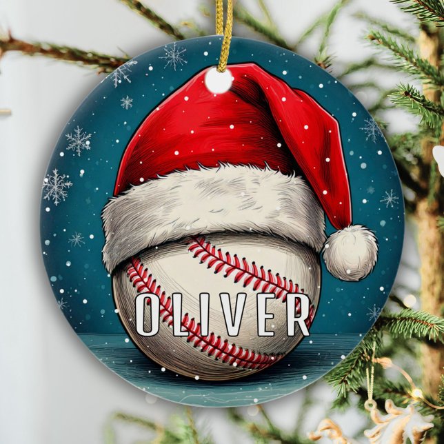 Baseballball mit Weihnachtsmannmütze Schneeflocken Keramik Ornament (Von Creator hochgeladen)