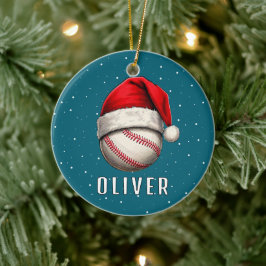 Baseballball mit Weihnachtsmannmütze Schneeflocken Keramik Ornament