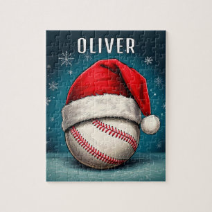 Baseballball mit Weihnachtsmannmütze Schneeflocken Puzzle