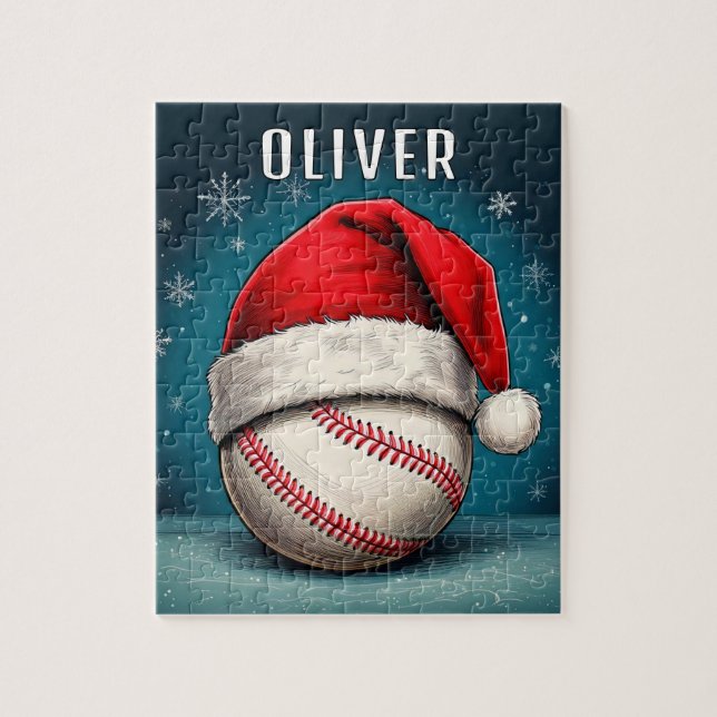 Baseballball mit Weihnachtsmannmütze Schneeflocken Puzzle (Vertikal)