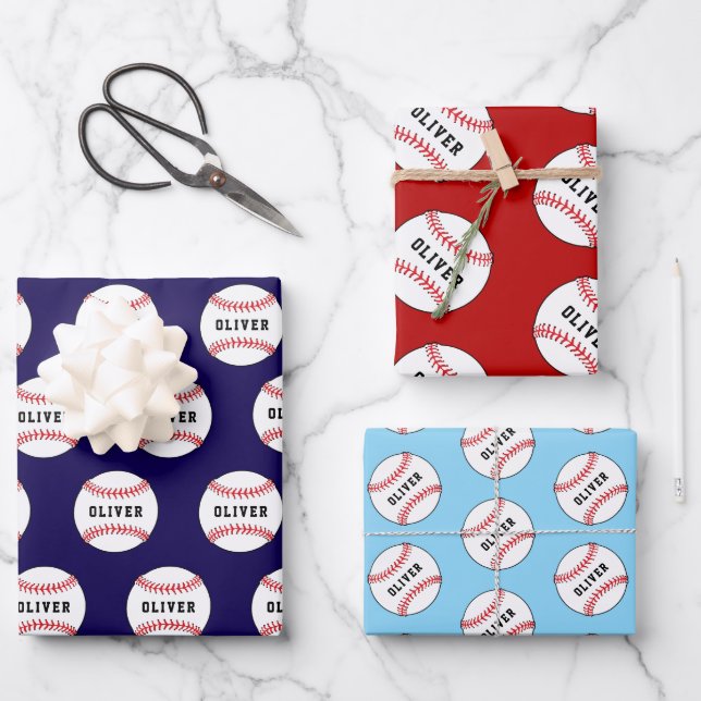 Baseballball Muster Kinder Name Geburtstag Verpack Geschenkpapier Set (Vorderseite)