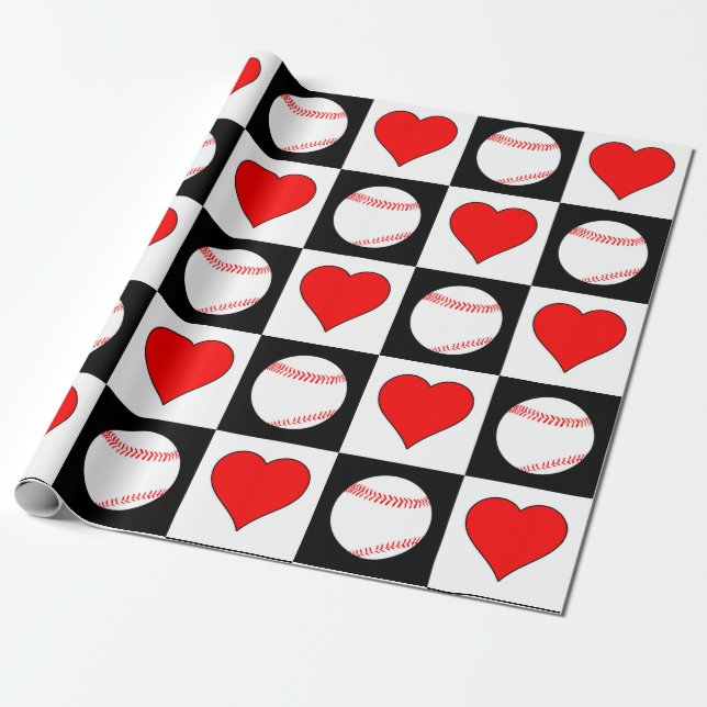Baseballs & Hearts-Muster Baseball-Player-Sport Geschenkpapier (Ungerollt)