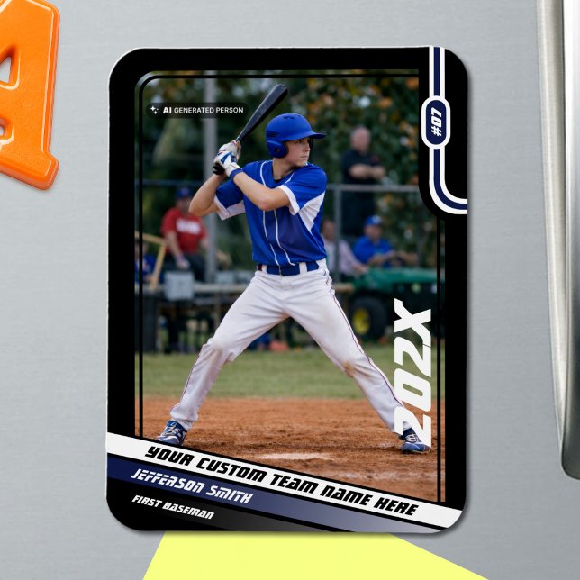 Baseballspieler Benutzerdefiniert Blau Magnet (Black Baseball Player Magnet with Custom Team Name and White Blue Stripes)