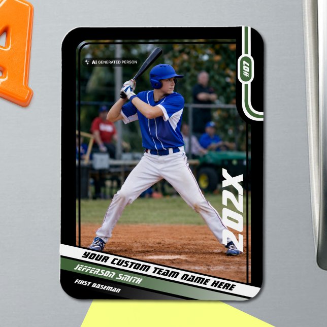 Baseballspieler Benutzerdefiniertes Grün Magnet (Black Baseball Player Magnet with Custom Team Name and White Green Stripes)