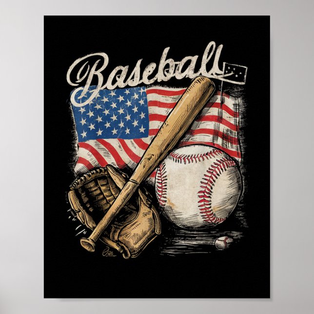 Baseballspieler mit amerikanischer Flagge Schläger Poster (Vorne)