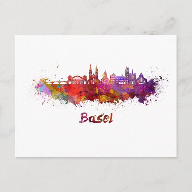 Basel skyline im Watercolor Postkarte (Vorderseite)