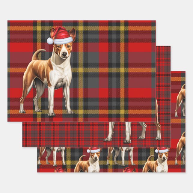 Basenji Christmas Dog Red Holiday Kariert Geschenkpapier Set (Set)