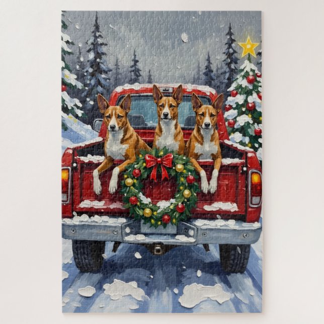 Basenji Christmas Red Truck Holiday Puzzle (Vertikal)