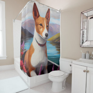 Basenji Dog auf einem Paddel: Ein Landschaftliches Duschvorhang
