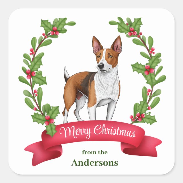 Basenji Dog Holly Banner Weihnachten Quadratischer Aufkleber (Vorderseite)