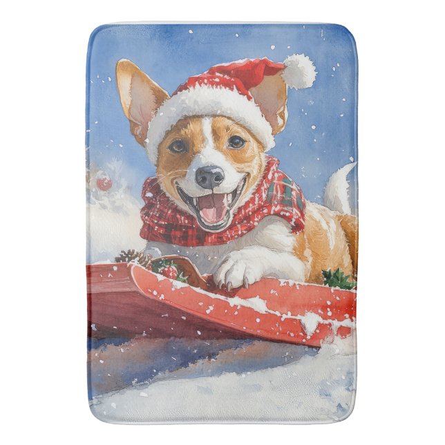 Basenji Dog in Sledge Lass es Schnee Weihnachten Badematte (Vorderseite Vertikal)