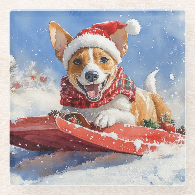 Basenji Dog in Sledge Lass es Schnee Weihnachten Glasuntersetzer (Vorderseite)