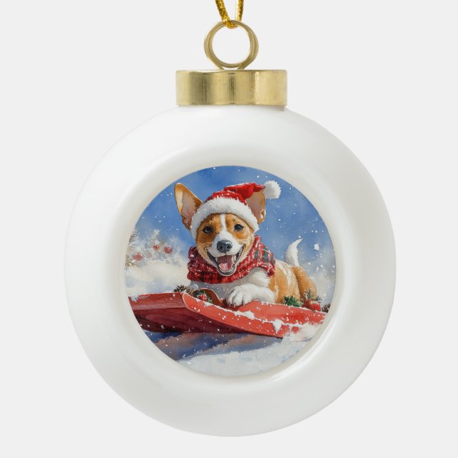 Basenji Dog in Sledge Lass es Schnee Weihnachten Keramik Kugel-Ornament (Vorderseite)
