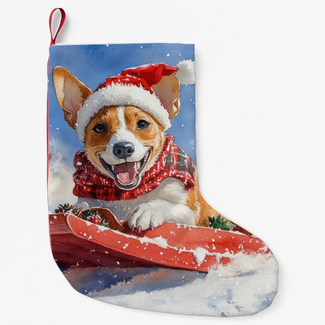 Basenji Dog in Sledge Lass es Schnee Weihnachten Kleiner Weihnachtsstrumpf (Vorderseite)