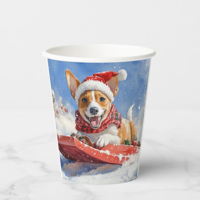 Basenji Dog in Sledge Lass es Schnee Weihnachten Pappbecher (Vorderseite)