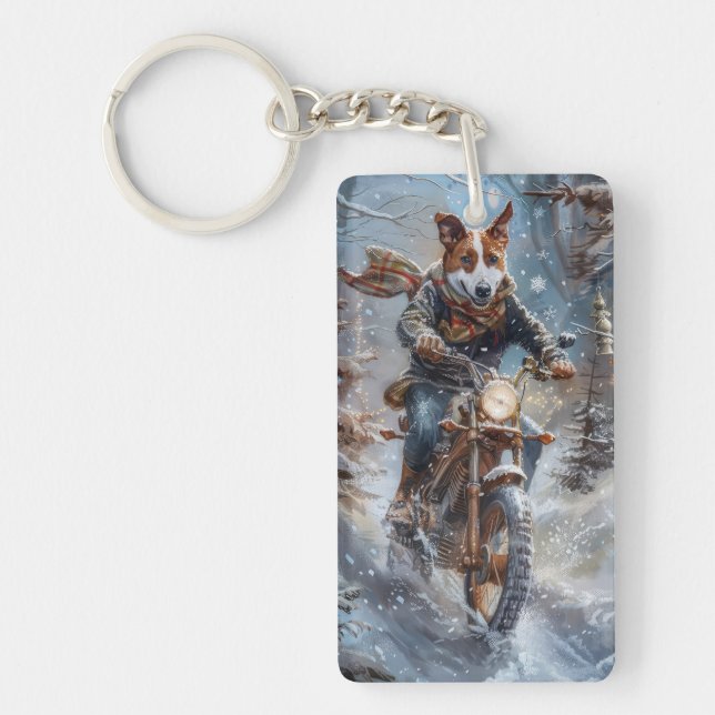 Basenji Dog Riding Motorrad Weihnachten Schlüsselanhänger (Vorderseite)