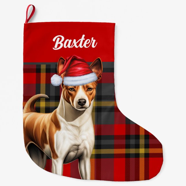 Basenji Dog rot und grün Kariert mit Name Großer Weihnachtsstrumpf (Vorderseite)