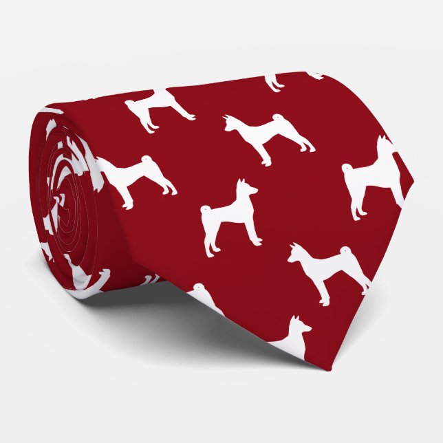 Basenji Dog Silhouetten Muster Rot und Weiß Krawatte (Gerollt)