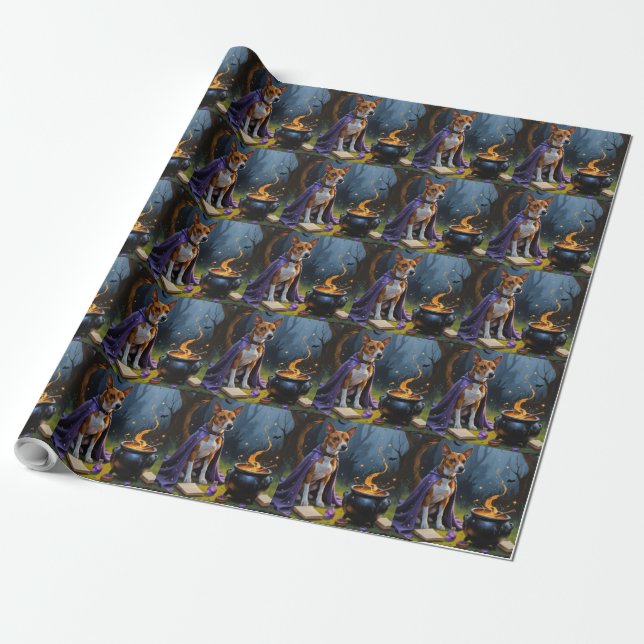Basenji Dog Whimsical Halloween Malerei Geschenkpapier (Ungerollt)