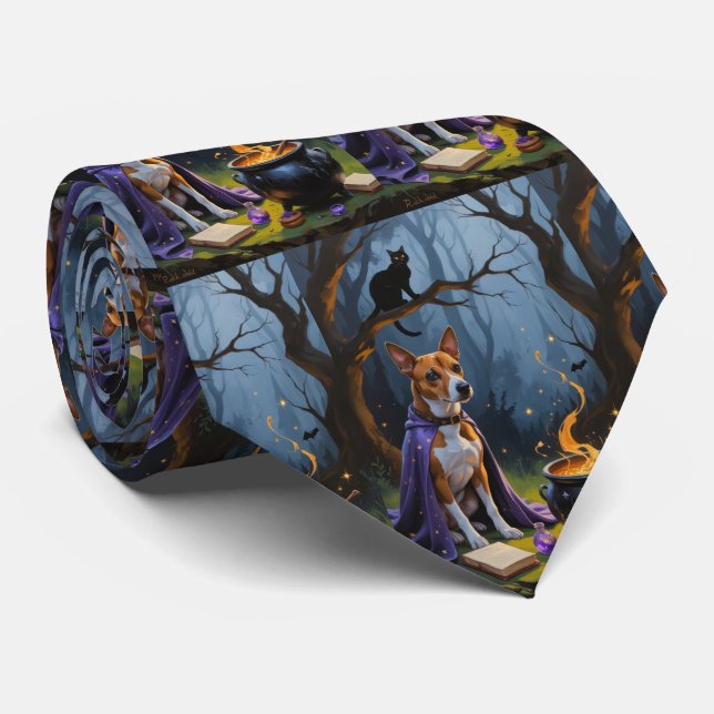 Basenji Dog Whimsical Halloween Malerei Krawatte (Gerollt)