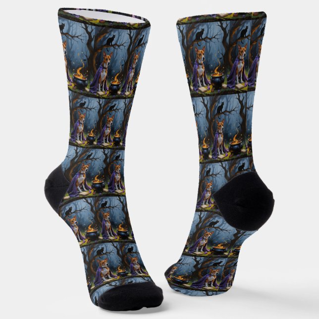 Basenji Dog Whimsical Halloween Malerei Socken (Gewinkelt)