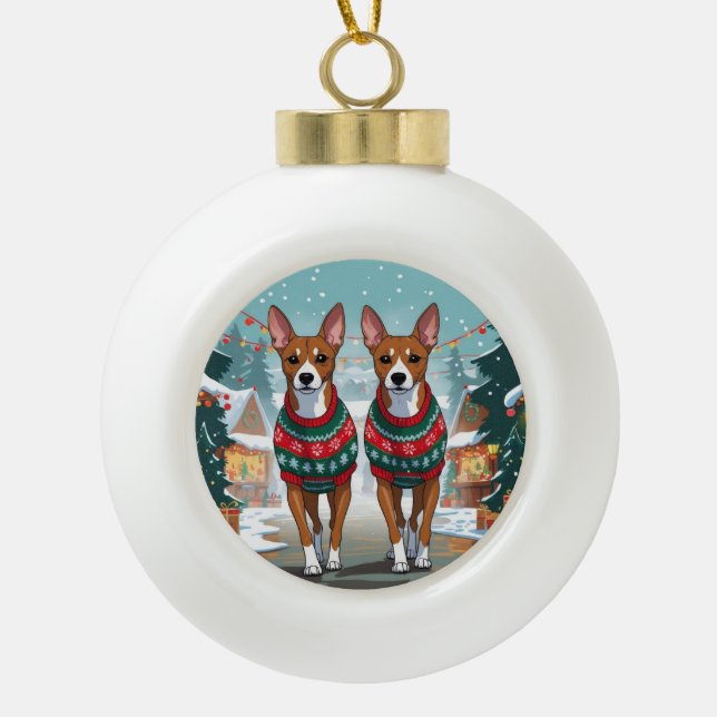 Basenji Dogs Christmas Snow Holiday  Keramik Kugel-Ornament (Vorderseite)
