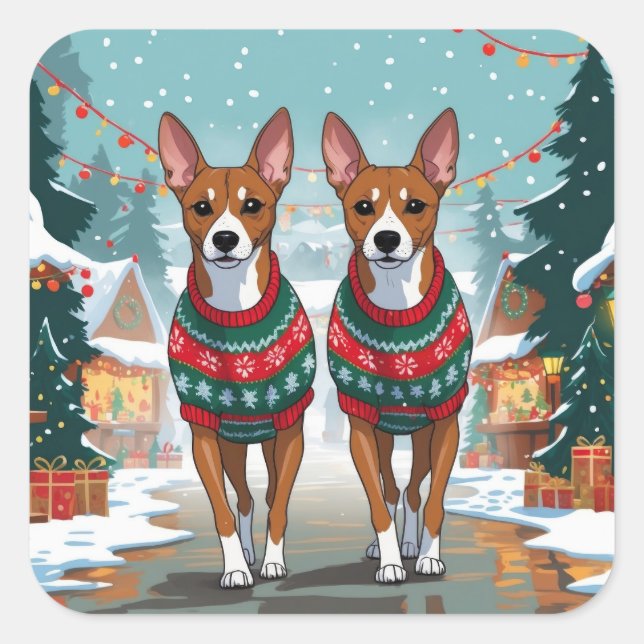 Basenji Dogs Christmas Snow Holiday  Quadratischer Aufkleber (Vorderseite)