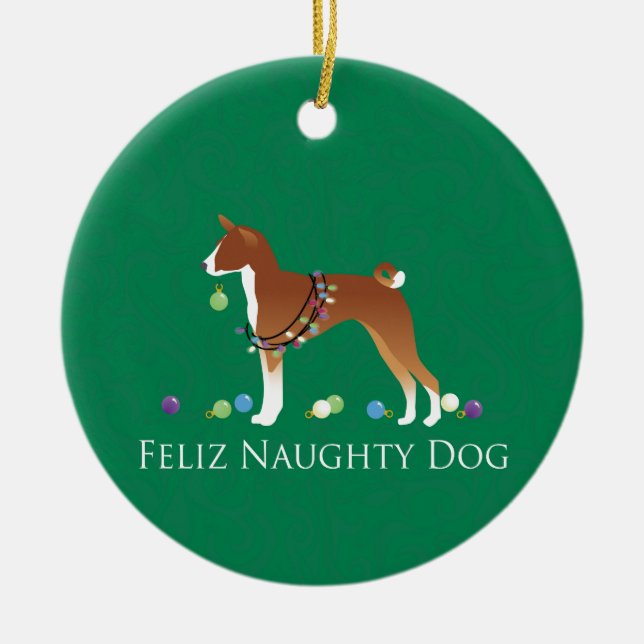 Basenji Feliz Naughty Dog Weihnachten Keramikornament (Vorne)