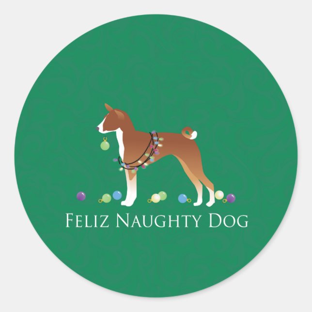 Basenji Feliz Naughty Dog Weihnachten Runder Aufkleber (Vorderseite)