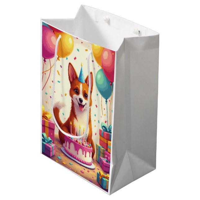 Basenji-Geburtstagsfeier Mittlere Geschenktüte (Vorderseite Schrägansicht)