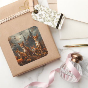 Basenji Halloween Night Doggy Delight Quadratischer Aufkleber