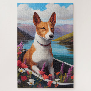 Basenji-Hund auf einem Paddel: Ein landschaftliche Puzzle