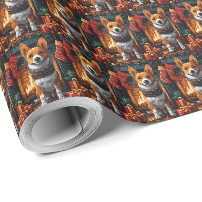 Basenji Hund mit Weihnachtsgeschenken Feuerplatz Geschenkpapier (Rolleneckpunkt)