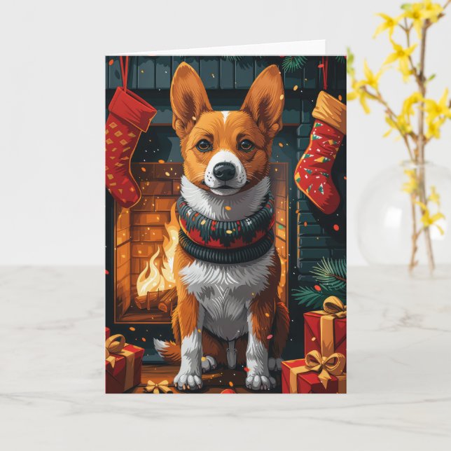Basenji Hund mit Weihnachtsgeschenken Feuerplatz Karte (Gelbe Blume)