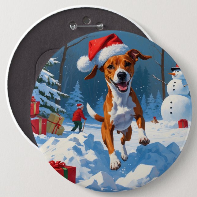 Basenji Hund spielen in der Schnee-Winter-Szene Button (Vorne & Hinten)
