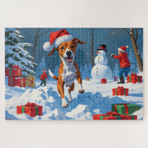 Basenji Hund spielen in der Schnee-Winter-Szene Puzzle