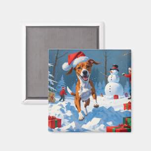 Basenji-Hund spielt im Schnee Winter Szene Magnet
