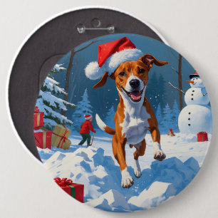 Basenji-Hund spielt im Schnee Winterlandschaft Button