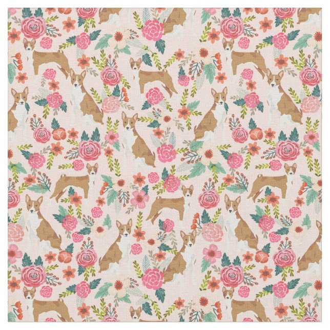 Basenji-Hund Vintage Blumen rosa Stoff (Nahaufnahme)