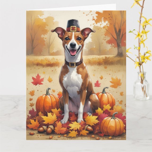 Basenji im Herbst hinterlässt Erntedank Art Karte (Gelbe Blume)