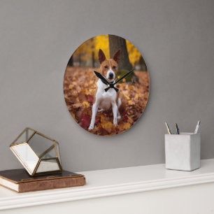 Basenji im Herbst Leaves Fall Inspiriert Große Wanduhr