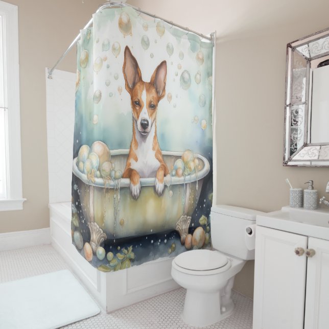 Basenji in der Badewanne Wasserfarben Kunst Duschvorhang (Beispiel)