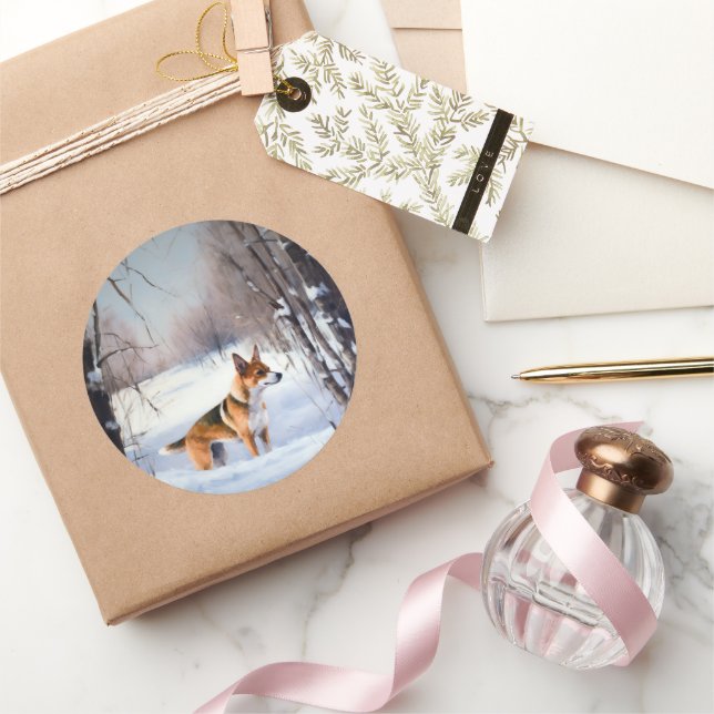 Basenji lassen es Schnee Weihnachten Runder Aufkleber (Schenken)