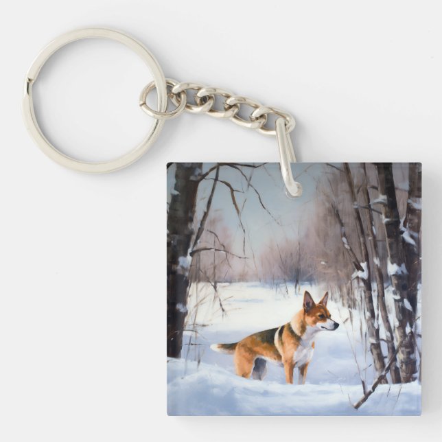 Basenji lassen es Schnee Weihnachten Schlüsselanhänger (Vorderseite)