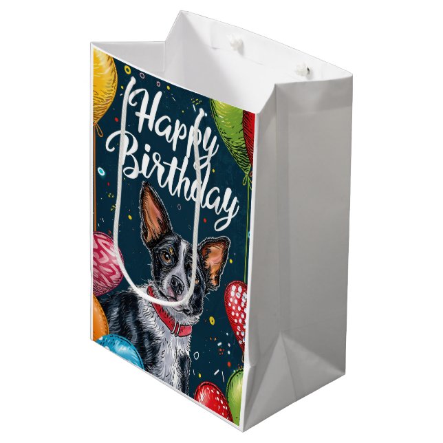 Basenji mit Balloons Geburtstag Mittlere Geschenktüte (Vorderseite Schrägansicht)