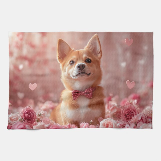 Basenji mit Rose - Valentinstag Geschirrtuch (Horizontal)