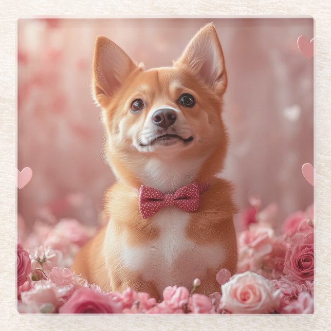 Basenji mit Rose - Valentinstag Glasuntersetzer (Vorderseite)