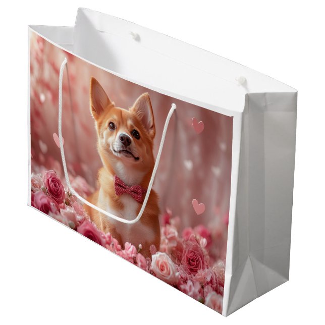 Basenji mit Rose - Valentinstag Große Geschenktüte (Vorderseite Schrägansicht)