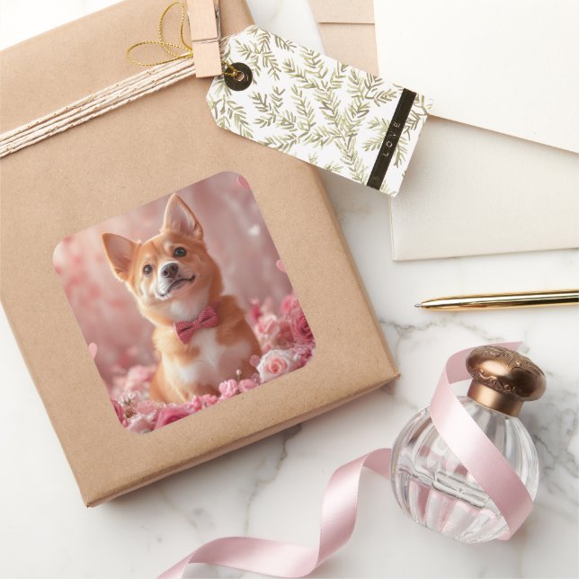 Basenji mit Rose - Valentinstag Quadratischer Aufkleber (Schenken)