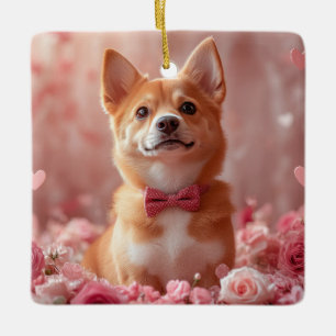 Basenji mit Rosen - Valentinstag Keramikornament